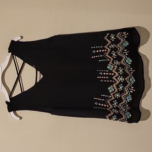 Naked Zebra Black Sleeveless Embroidered V-Neck Tank with Cross-Back Straps